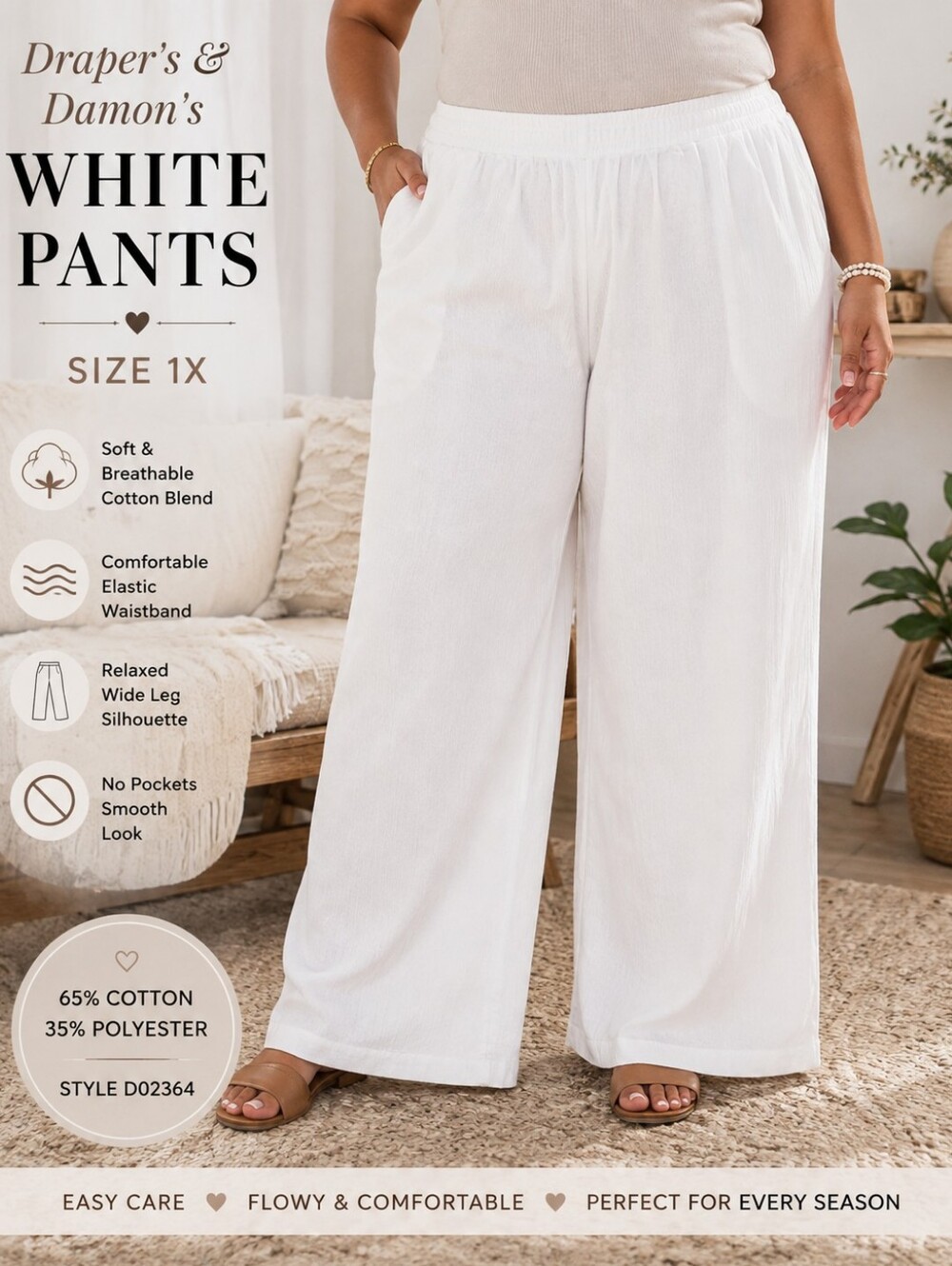 NEW Draper's & Damon's 1X White Wide Leg Pull On Pants Plus Size Resort Travel
